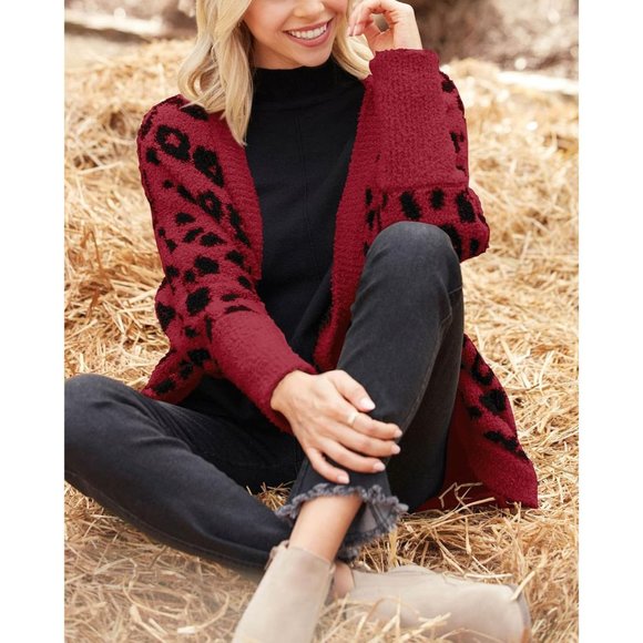 Womens Long Sleeve Open Front Fall Fashion Loose Knit Printed Winter Coats - Picture 2 of 4